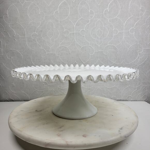 Vtg Fenton Silver Crest Milk Glass Cake Stand 12.75” Ruffled Edge Pedestal Plate - Picture 1 of 16